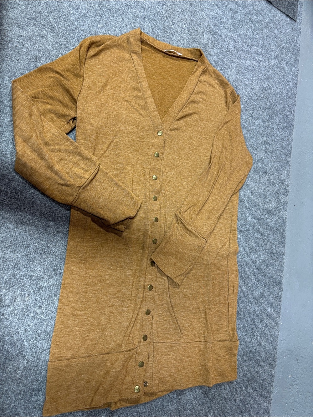 Alife Long Button-Front Cardigan in Mustard Brown